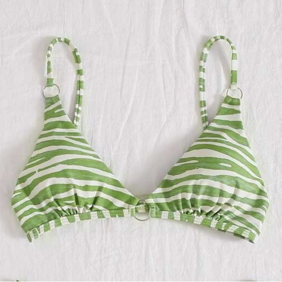 Zebra Stripe Tanga Bikini Top Green & White Bathing Suit Size Small Women’s - Picture 1 of 6